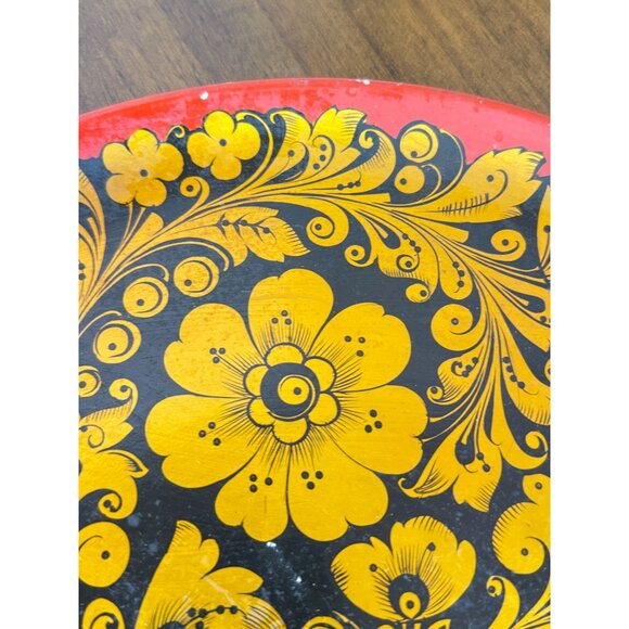 Vintage Russian Made in USSR Laquered Plate Gold Black Wooden Ware Folk Art READ - Picture 4 of 14